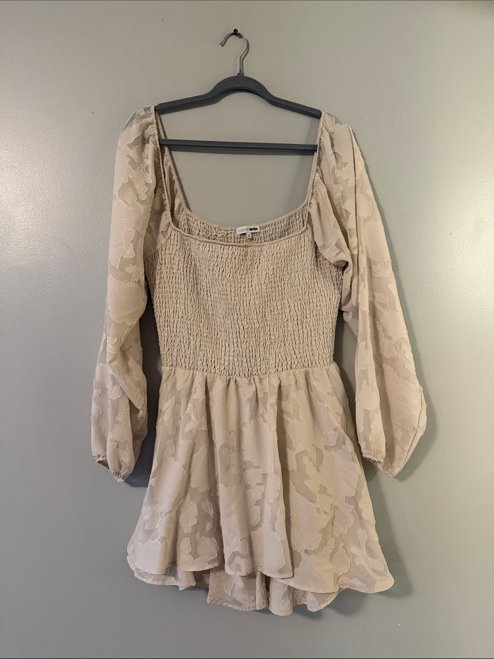 Fashion Nova Cream Floral Smocked Long-Sleeve Romper